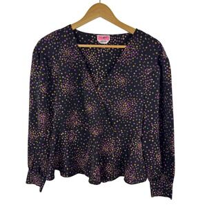 Kate Spade Polka Dot Wrap Blouse Size XS Black Peplum Long Sleeve Preppy Office